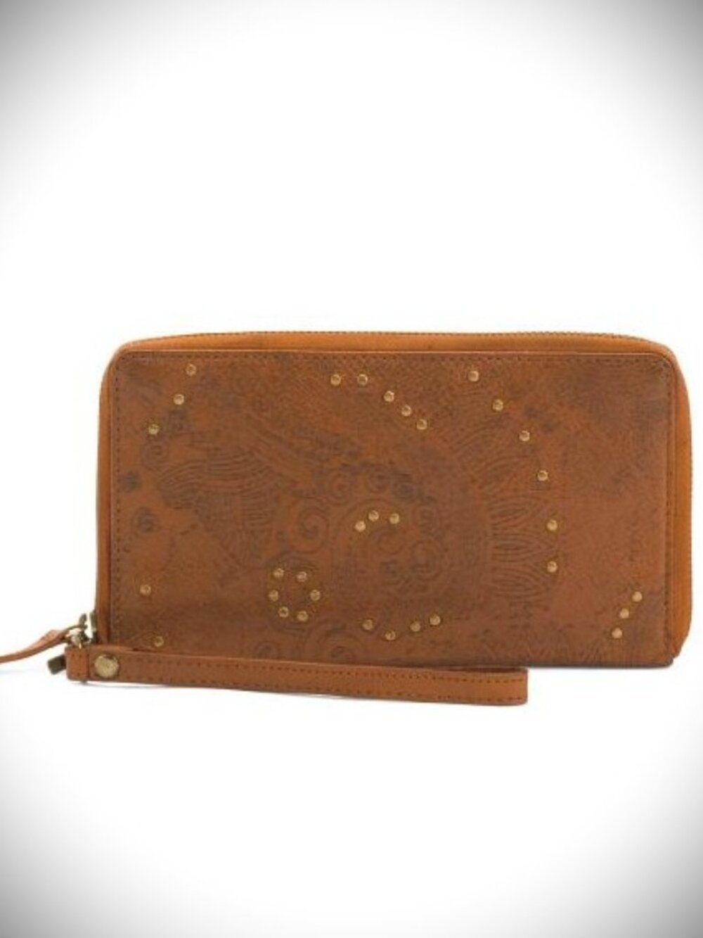VILENCIA HOLLAND Leather Large Zip Around Tooled Wallet/Wristlet With Studs